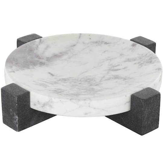 10" x 10" White with Black X-Shaped Base Marble Geometric Round Tray